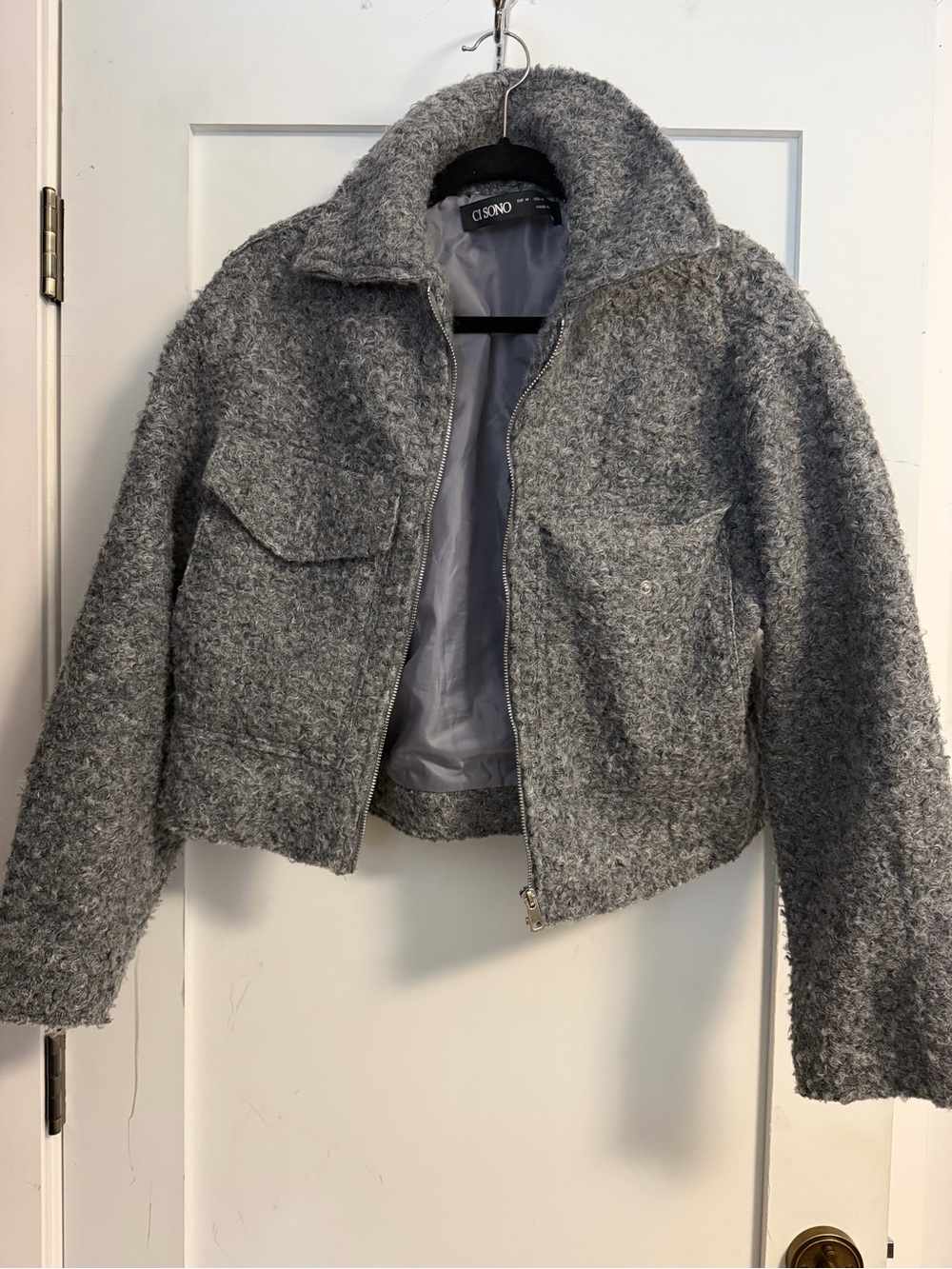Ci Sono Women's Gray Bouclé Zip-Front Jacket
